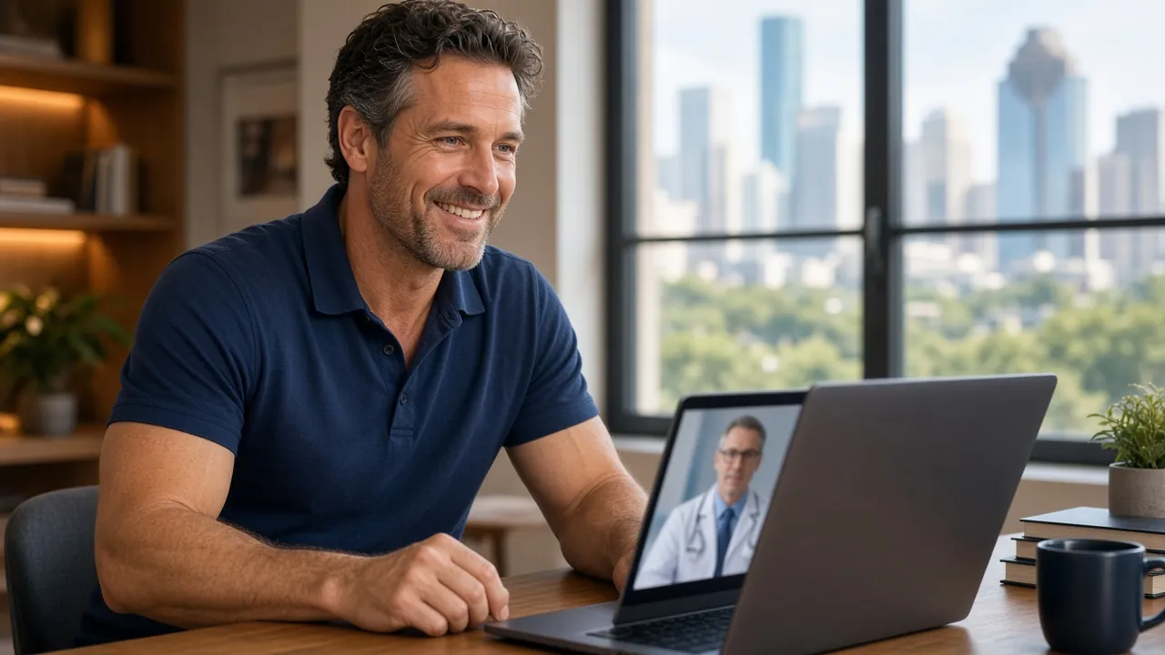 TRT Houston telehealth consult: a man on a video call with a clinician in his home office, city skyline through the window